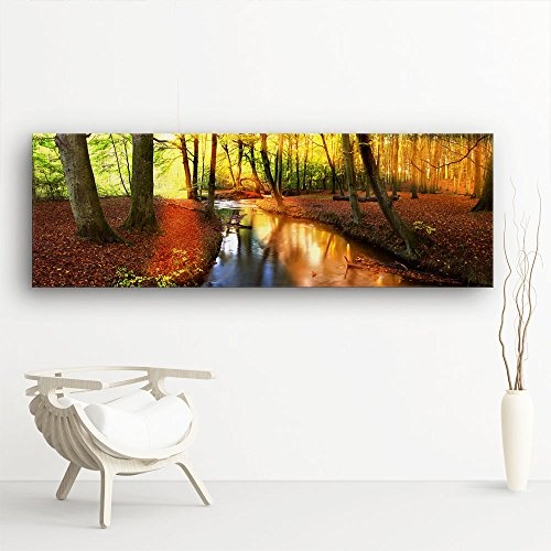 Herbst Wald Panorama - XXL 150x50cm, Leinwand auf Echtholzrahmen aufgespannt, UV-stabil und wasserfest, Kunstdruck für Büro oder Wohnzimmer, XXL Deko FineArtPrint Wandbild