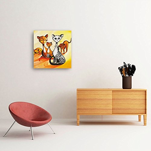 Mia Morro Kinder Katzen Bild B150, 1 Teil 50x50cm Leinwand auf Holzrahmen aufgespannt, FineArt Print, UV-stabil und wasserfest, Kunstdruck für Büro oder Wohnzimmer, Deko Bild