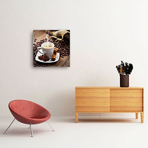 Küchen Bild D250, 1 Teil 50x50cm Leinwand auf Holzrahmen aufgespannt, FineArt Print, UV-stabil und wasserfest, Kunstdruck für Büro oder Wohnzimmer, Deko Bild, Kaffee Frühstück