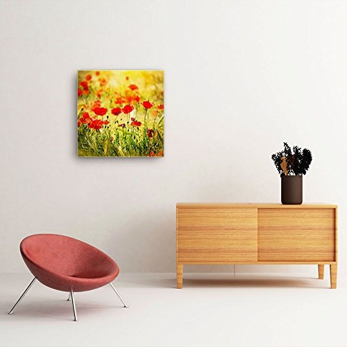 Mohnblumen Bild A450, 1 Teil 50x50cm Leinwand auf Holzrahmen aufgespannt, FineArt Print, UV-stabil und wasserfest, Kunstdruck für Büro oder Wohnzimmer, Deko Bild