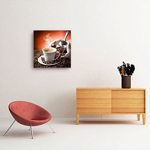 Küchen Bild A250, 1 Teil 50x50cm Leinwand auf Holzrahmen aufgespannt, FineArt Print, UV-stabil und wasserfest, Kunstdruck für Büro oder Wohnzimmer, Deko Bild, Kaffee Frühstück