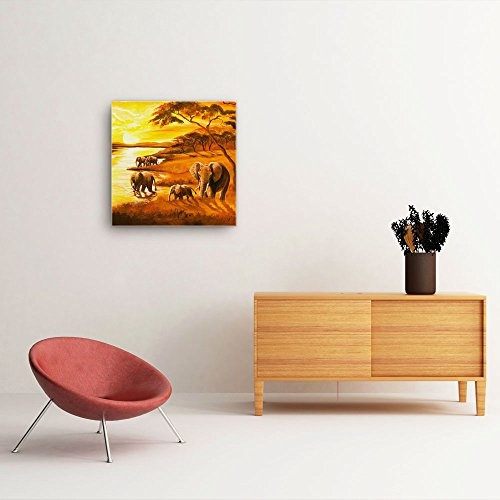 Mia Morro Afrika Elefanten Bild D450, 1 Teil 50x50cm Leinwand auf Holzrahmen aufgespannt, FineArt Print, UV-stabil und wasserfest, Kunstdruck für Büro oder Wohnzimmer, Deko Bild