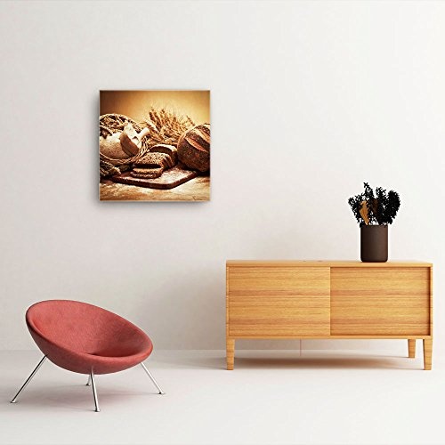 Küchen Bild B450, 1 Teil 50x50cm Leinwand auf Holzrahmen aufgespannt, FineArt Print, UV-stabil und wasserfest, Kunstdruck für Büro oder Wohnzimmer, Deko Bild, Kaffee Frühstück
