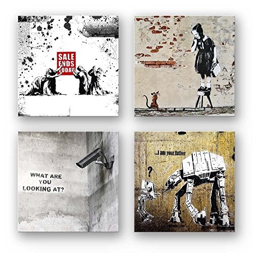 Banksy Bilder Set C, 4-teiliges Bilder-Set jedes Teil 19x19cm, Seidenmatte Optik auf Forex, Moderne schwebende Optik, UV-stabil, wasserfest, Kunstdruck für Büro, Wohnzimmer, XXL Deko Bild