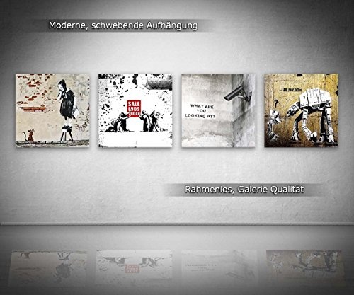 Banksy Bilder Set C, 4-teiliges Bilder-Set jedes Teil 19x19cm, Seidenmatte Optik auf Forex, Moderne schwebende Optik, UV-stabil, wasserfest, Kunstdruck für Büro, Wohnzimmer, XXL Deko Bild