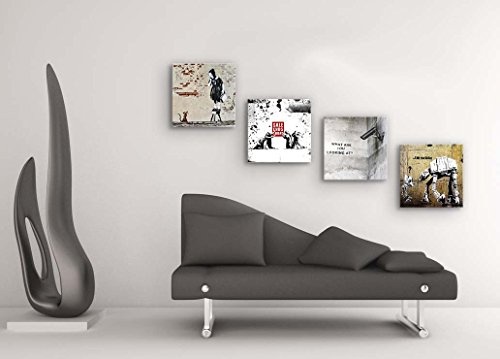 Banksy Bilder Set C, 4-teiliges Bilder-Set jedes Teil 19x19cm, Seidenmatte Optik auf Forex, Moderne schwebende Optik, UV-stabil, wasserfest, Kunstdruck für Büro, Wohnzimmer, XXL Deko Bild