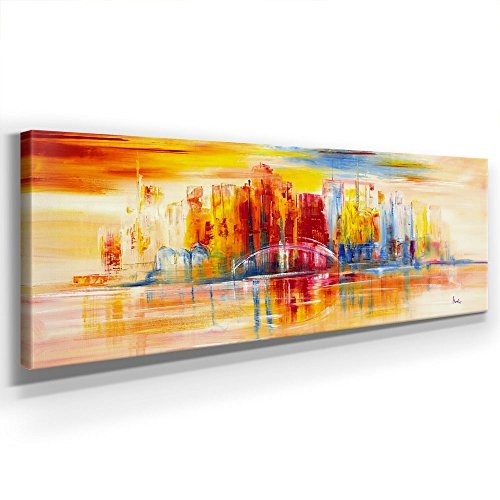 Mia Morro - New York Skyline - KUNST XXL 150x50cm, Leinwand auf Echtholzrahmen aufgespannt, UV-stabil und wasserfest, Kunstdruck für Büro oder Wohnzimmer, XXL Deko Bild abstrakt FineArtPrint Wandbild