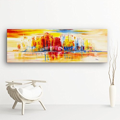 Mia Morro - New York Skyline - KUNST XXL 150x50cm, Leinwand auf Echtholzrahmen aufgespannt, UV-stabil und wasserfest, Kunstdruck für Büro oder Wohnzimmer, XXL Deko Bild abstrakt FineArtPrint Wandbild