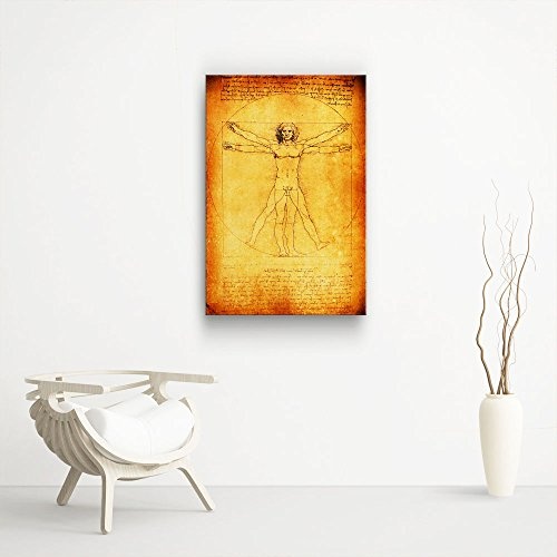 Leonardo Da Vinci - Vitruvianischer Mensch - Leinwandbild 60x90cm, Leinwand auf Echtholzrahmen aufgespannt, UV-stabil, wasserfest, Kunstdruck für Büro oder Wohnzimmer, Deko Bild FineArtPrint Wandbild