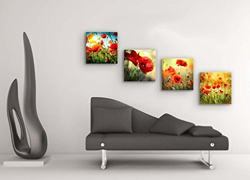 Mohnblumen Set A schwebend, 4-teiliges Blumen Bilder-Set jedes Teil 19x19cm, Seidenmatte Optik auf Forex Fine Art, Moderne Optik, UV-stabil, wasserfest, Kunstdruck für Büro, Wohnzimmer, XXL Deko Bild