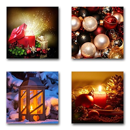 Weihnachten Set D schwebend, 4-teiliges Bilder-Set jedes Teil 29x29cm, Seidenmatte Optik auf Forex, moderne Optik, UV-stabil, wasserfest, Kunstdruck für Büro, Wohnzimmer, XXL Deko Bild