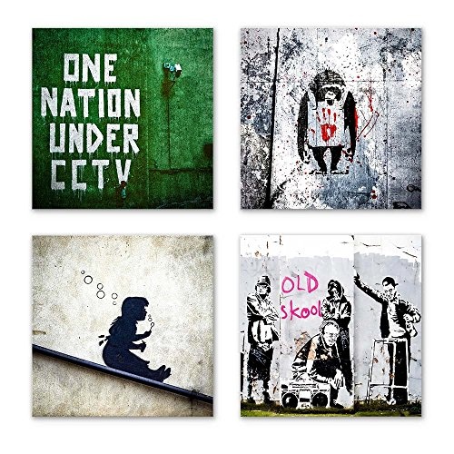 Banksy Bilder Set F, 4-teiliges Bilder-Set jedes Teil 19x19cm, Seidenmatte Optik auf Forex, moderne schwebende Optik, UV-stabil, wasserfest, Kunstdruck für Büro, Wohnzimmer, XXL Deko Bild