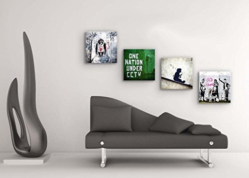 Banksy Bilder Set F, 4-teiliges Bilder-Set jedes Teil 19x19cm, Seidenmatte Optik auf Forex, moderne schwebende Optik, UV-stabil, wasserfest, Kunstdruck für Büro, Wohnzimmer, XXL Deko Bild