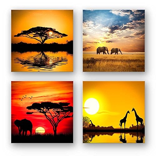 Afrika Set A schwebend, 4-teiliges Bilder-Set jedes Teil 19x19cm, Seidenmatte Optik auf Forex Fine Art, moderne Optik, UV-stabil, wasserfest, Kunstdruck für Büro, Wohnzimmer, XXL Deko Bild