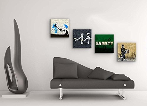 Banksy Bilder Set D, 4-teiliges Bilder-Set jedes Teil 19x19cm, Seidenmatte Optik auf Forex, moderne schwebende Optik, UV-stabil, wasserfest, Kunstdruck für Büro, Wohnzimmer, XXL Deko Bild