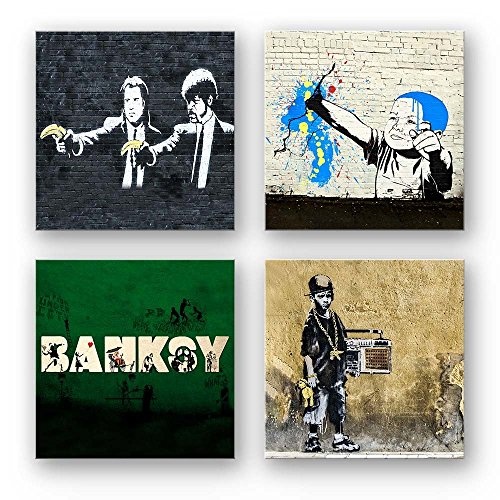 Banksy Bilder Set D, 4-teiliges Bilder-Set jedes Teil 19x19cm, Seidenmatte Optik auf Forex, moderne schwebende Optik, UV-stabil, wasserfest, Kunstdruck für Büro, Wohnzimmer, XXL Deko Bild