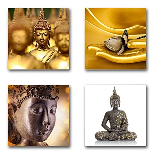 Buddha - Set A schwebend, 4-teiliges Bilder-Set je Teil 19x19cm, Seidenmatte moderne Optik auf Forex, UV-stabil, wasserfest, Kunstdruck für Büro, Wohnzimmer, XXL Deko Bild