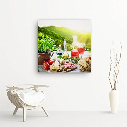 Küchen Bild B380, 1 Teil 80x80cm Leinwand auf Holzrahmen aufgespannt, FineArt Print, UV-stabil und wasserfest, Kunstdruck für Büro oder Wohnzimmer, Deko Bild, mediterranes Frühstück