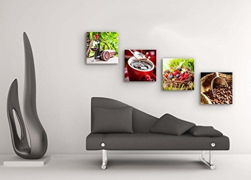 Küchen Bilder Set G schwebend, 4-teiliges Bilder-Set jedes Teil 19x19cm, Seidenmatte Optik auf Forex FineArt Print, moderne Optik, UV-stabil, wasserfest, Deko für Büro, Wohnzimmer, Kaffee Obst Wein