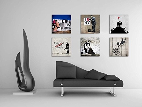 Banksy Bilder Set B, 6-teiliges Bilder-Set jedes Teil 29x29cm, Seidenmatte Optik auf Forex, moderne schwebende Optik, UV-stabil, wasserfest, Kunstdruck für Büro, Wohnzimmer, XXL Deko Bild