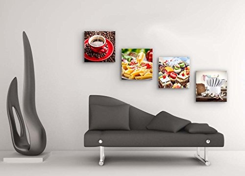 Küchen Bilder Set E schwebend, 4-teiliges Bilder-Set jedes Teil 29x29cm, Seidenmatte Optik auf Forex FineArt Print, moderne Optik, UV-stabil, wasserfest, Deko für Büro, Wohnzimmer, Kaffee Obst Wein