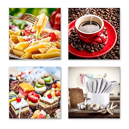 Küchen Bilder Set E schwebend, 4-teiliges Bilder-Set jedes Teil 29x29cm, Seidenmatte Optik auf Forex FineArt Print, moderne Optik, UV-stabil, wasserfest, Deko für Büro, Wohnzimmer, Kaffee Obst Wein