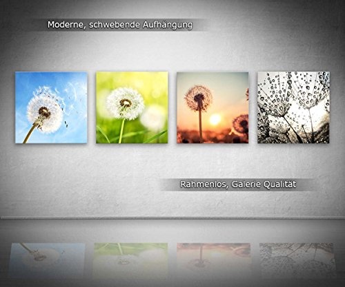 Pusteblume Set B schwebend, 4-teiliges Blumen Bilder-Set jedes Teil 29x29cm, Seidenmatte Optik auf Forex Fine Art, moderne Optik, UV-stabil, wasserfest, Kunstdruck für Büro, Wohnzimmer, XXL Deko Bild