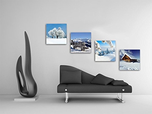 Winter Set B schwebend, 4-teiliges Bilder-Set jedes Teil 29x29cm, Seidenmatte Optik auf Forex, moderne Optik, UV-stabil, wasserfest, Kunstdruck für Büro, Wohnzimmer, XXL Deko Bild