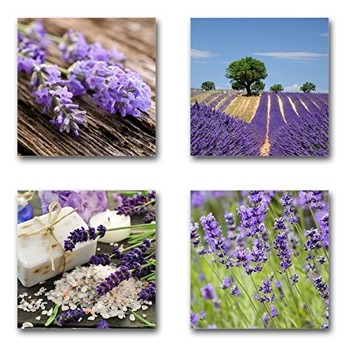 Lavendel - Set B schwebend, 4-teiliges Bilder-Set je Teil 29x29cm, Seidenmatte moderne Optik auf Forex, UV-stabil, wasserfest, Kunstdruck für Büro, Wohnzimmer, XXL Deko Bild