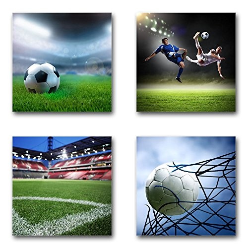 Fußball - Set A schwebend, 4-teiliges Bilder-Set je Teil 29x29cm, Seidenmatte moderne Optik auf Forex, UV-stabil, wasserfest, Kunstdruck für Büro, Wohnzimmer, XXL Deko Bild