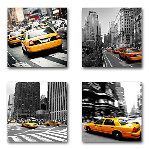 USA New York Taxi - Set B schwebend, 4-teiliges Bilder-Set je Teil 29x29cm, Seidenmatte moderne Optik auf Forex, UV-stabil, wasserfest, Kunstdruck für Büro, Wohnzimmer, XXL Deko Bild