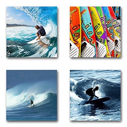 Surfen - Set B schwebend, 4-teiliges Bilder-Set je Teil 29x29cm, Seidenmatte moderne Optik auf Forex, UV-stabil, wasserfest, Kunstdruck für Büro, Wohnzimmer, XXL Deko Bild