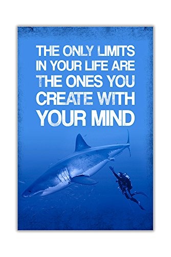 CANVAS IT UP Shark und Taucher Grenzen in Your Life Motivierendes Zitat blau Leinwand Bilder Art Wand Prints Dekoration Kunstwerke Größe: A4-30,5 x 20,3 cm (30 x 20 cm)