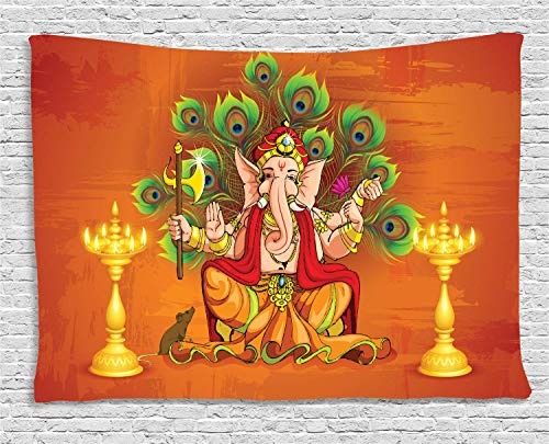 MLNHY Elephant Tapestry, Asian Figure Sitting on Peacock Feather Throne Candle Third Eye Bohemian Print, Wall Hanging for Bedroom Living Room Dorm, 80 W X 60 L Inches, Multicolor