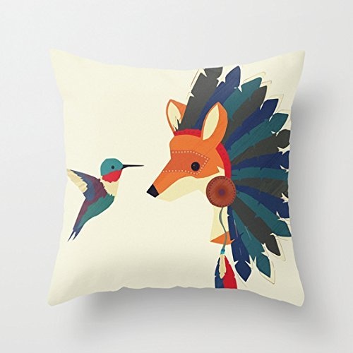 Juzijiang Painted Indian Fox and Hummingbird Canvas Square Throw Pillow Covers Decorative Pillowcase Cushion Covers for sofa16X16 inch