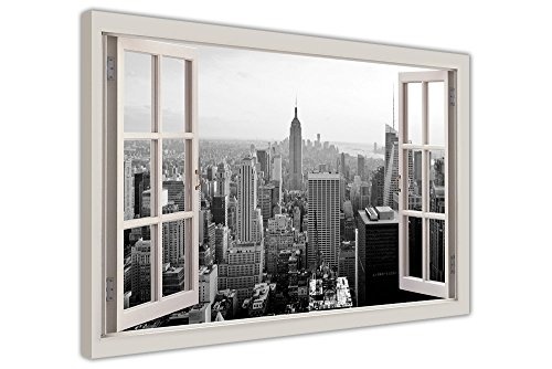 CANVAS IT UP Schwarz und Weiß New York City View Fenster Bay Effekt, gerahmt Prints Leinwand Bilder Art Wand Bilder Größe: 101,6 x 76,2 cm (101 x 76 cm)