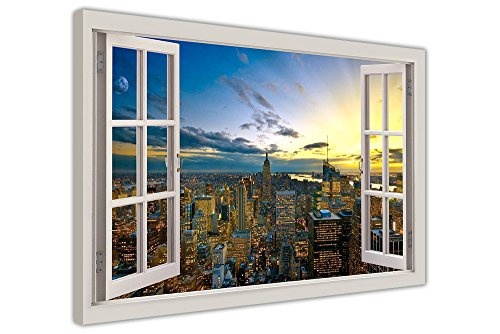 New York City mit Wolkenkratzer 3d Fenster Bay Effekt modernes Wall Art Bilder auf Leinwand gerahmt Prints 38 mm dicke Keilrahmen zeitgenössisch 04- A1 - 34" X 24" (86CM X 60CM)