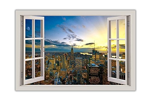 New York City mit Wolkenkratzer 3d Fenster Bay Effekt modernes Wall Art Bilder auf Leinwand gerahmt Prints 38 mm dicke Keilrahmen zeitgenössisch 04- A1 - 34" X 24" (86CM X 60CM)