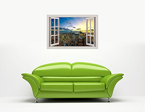 New York City mit Wolkenkratzer 3d Fenster Bay Effekt modernes Wall Art Bilder auf Leinwand gerahmt Prints 38 mm dicke Keilrahmen zeitgenössisch 04- A1 - 34" X 24" (86CM X 60CM)