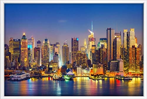 Homedeco-24 Canvas Leinwandbild Wandbild Kunstdruck, View on Manhattan at Night, New York, USA 65x100 cm auf Keilrahmen gespannt und mit Massivholz-Schattenfugenrahmen 6 Farben-Auswahl, Hier Weiß