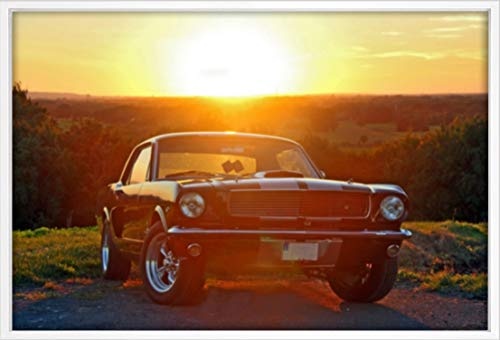 Homedeco-24 Canvas Leinwandbild Wandbild Kunstdruck, Oldtimer - Ford Mustang Baujahr 1966 65x100 cm auf Keilrahmen gespannt und mit Massivholz-Schattenfugenrahmen 6 Farben zur Auswahl, Hier Weiß