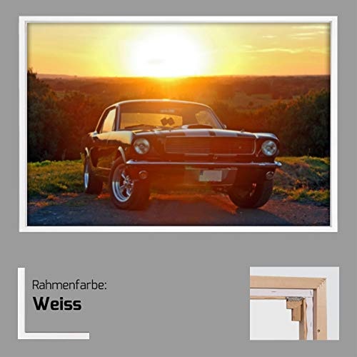 Homedeco-24 Canvas Leinwandbild Wandbild Kunstdruck, Oldtimer - Ford Mustang Baujahr 1966 65x100 cm auf Keilrahmen gespannt und mit Massivholz-Schattenfugenrahmen 6 Farben zur Auswahl, Hier Weiß