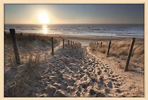 Canvas Leinwandbild Wandbild Kunstdruck, Sonnenschein über den Weg zum Strand in der Nordsee 80x120 cm auf Keilrahmen gespannt und mit Massivholz-Schattenfugenrahmen 6 Farben-Auswahl, hier Ahorn