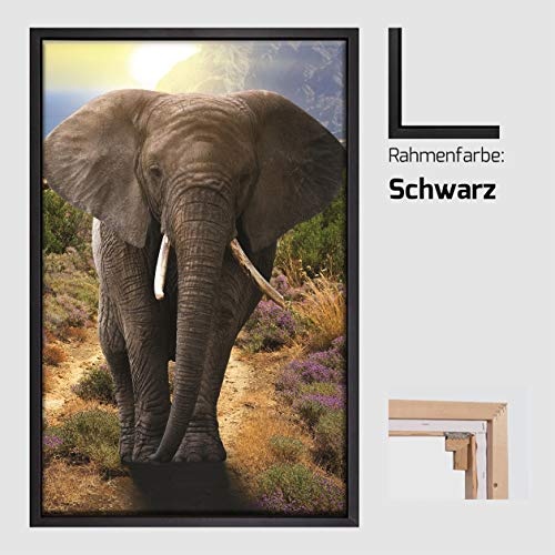 Homedeco-24 Canvas Leinwandbild Wandbild Kunstdruck, Elefant in Afrika Hochformat 80x120 cm auf Keilrahmen gespannt und mit Massivholz-Schattenfugenrahmen 6 Farben zur Auswahl, Hier Schwarz
