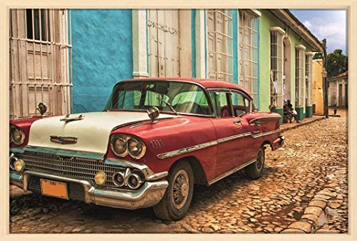 Homedeco-24 Canvas Leinwandbild Wandbild Kunstdruck, Oldtimer Kuba - Cuba Car 80x120 cm auf Keilrahmen gespannt und mit Massivholz-Schattenfugenrahmen 6 Farben-Auswahl, Hier Ahorn Natur