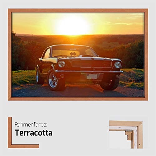 Canvas Leinwandbild Wandbild Kunstdruck, Oldtimer - Ford Mustang Baujahr 1966 80x120 cm auf Keilrahmen gespannt und mit Massivholz-Schattenfugenrahmen 6 Farben zur Auswahl, hier Terrakotta