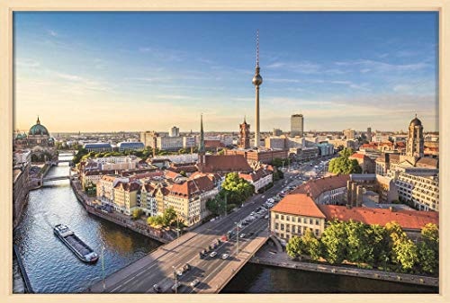 Homedeco-24 Canvas Leinwandbild Wandbild Kunstdruck, Berlin Skyline with TV Tower and Spree River 80x120 cm auf Keilrahmen gespannt und mit Massivholz-Schattenfugenrahmen 6 Farben-Auswahl, Hier Ahorn