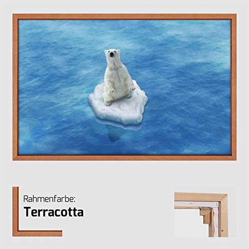 Homedeco-24 Canvas Leinwandbild Wandbild Kunstdruck, Eisbär auf Einer Eisscholle 80x120 cm auf Keilrahmen gespannt und mit Massivholz-Schattenfugenrahmen 6 Farben-Auswahl, Hier Terrakotta