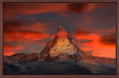 Homedeco-24 Canvas Leinwandbild Wandbild Kunstdruck, Matterhorn im Alpenglühen 80x120 cm auf Keilrahmen gespannt und mit Massivholz-Schattenfugenrahmen 6 Farben-Auswahl, Hier Dunkelbraun