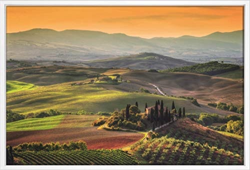 Homedeco-24 Canvas Leinwandbild Wandbild Kunstdruck, Toscana Panorama beim Sonnenaufgang 80x120 cm auf Keilrahmen gespannt und mit Massivholz-Schattenfugenrahmen 6 Farben-Auswahl, Hier Weiß